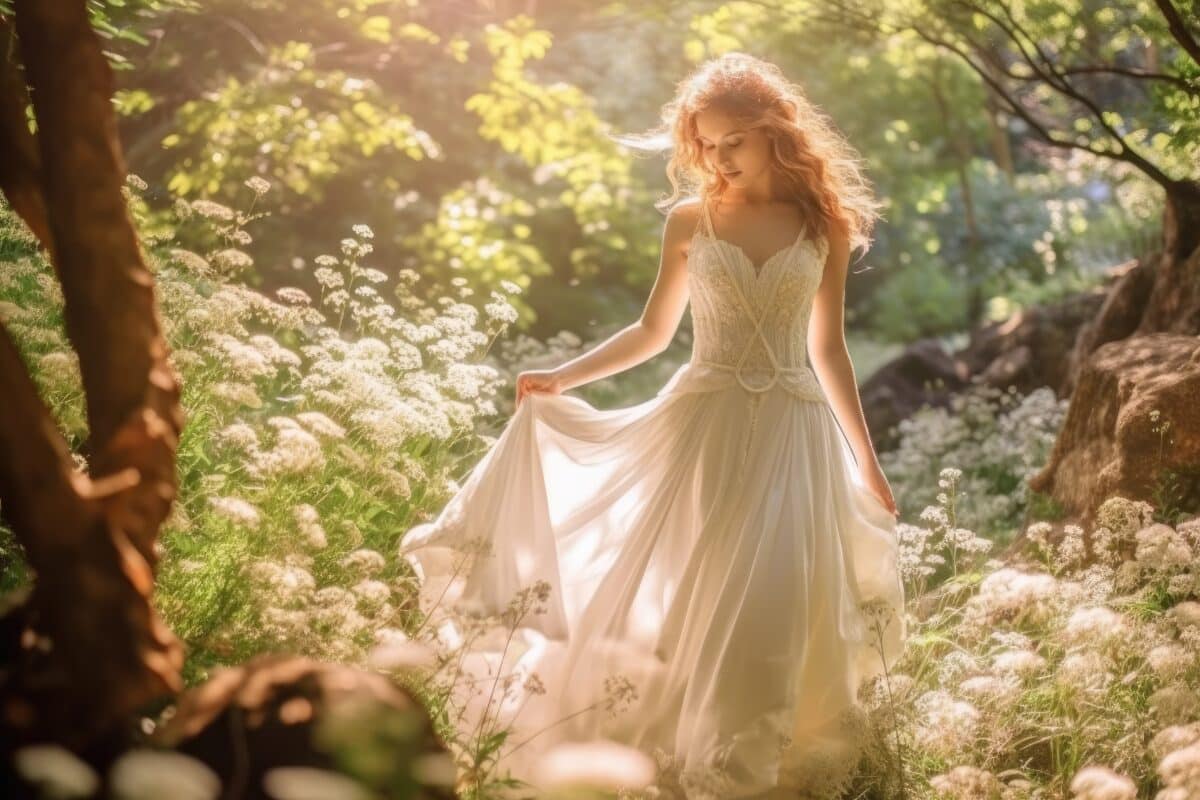 a woman in a white dress dress in the blooming spring forest