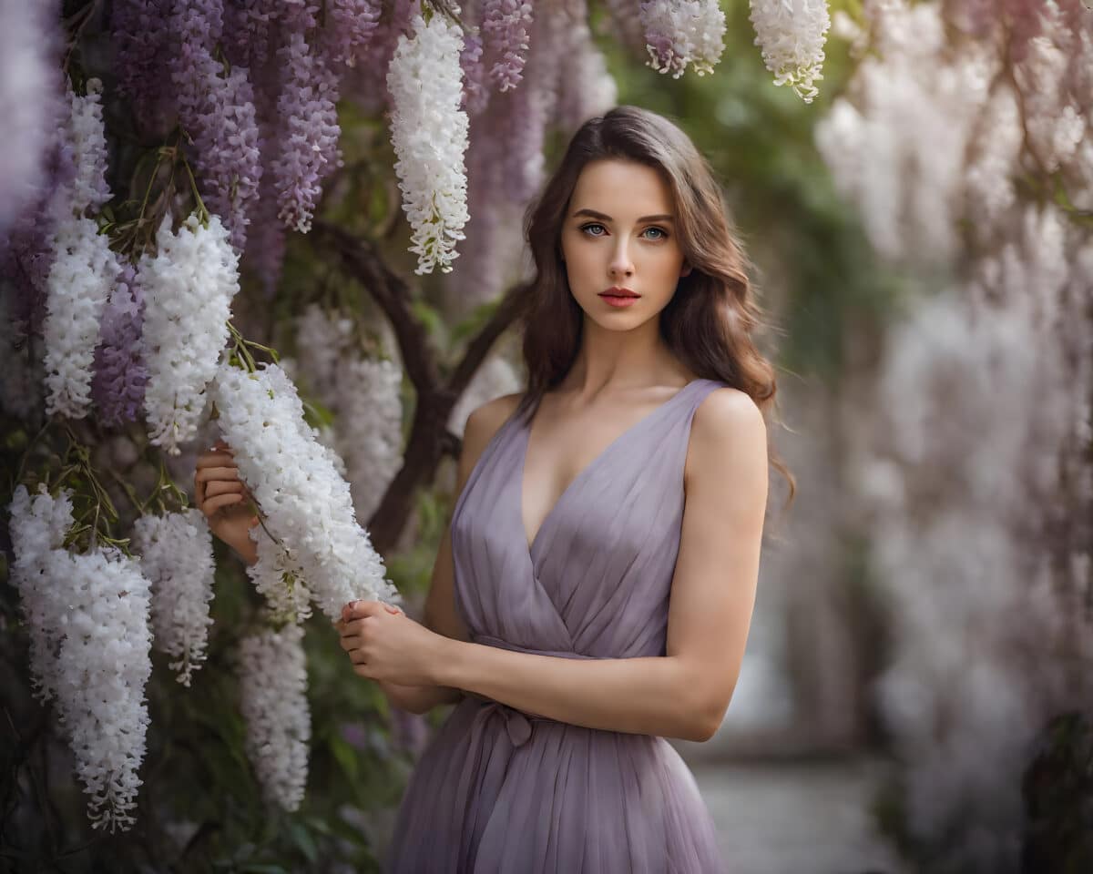 a stunning lady in a lavender dress standing by the blooming wisteria