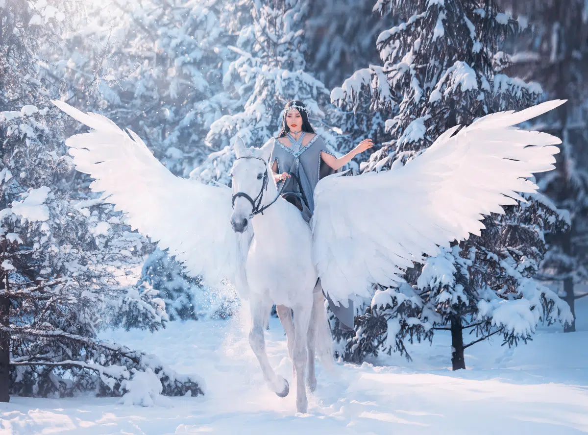cute sweet sad lady on horseback with gorgeous soft light wings