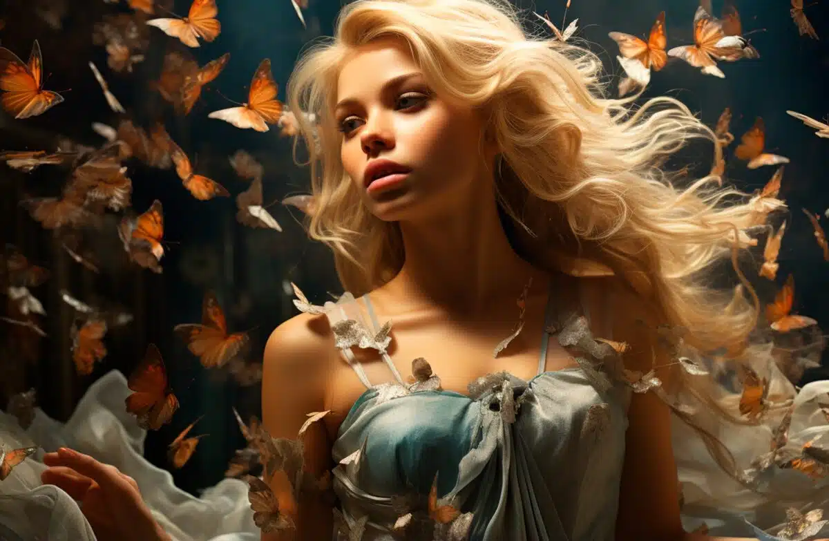 a stunning blonde nymph and butterflies hovering around her