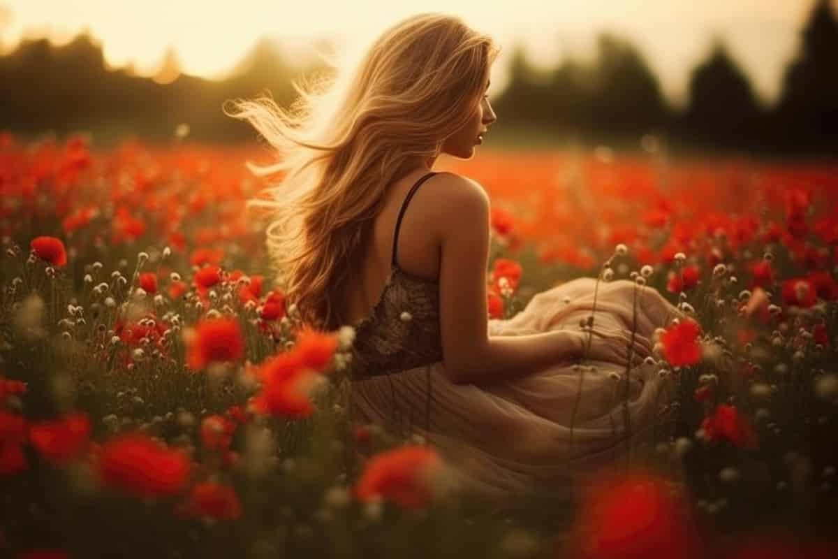 a young beautiful woman in summer dress in poppies field