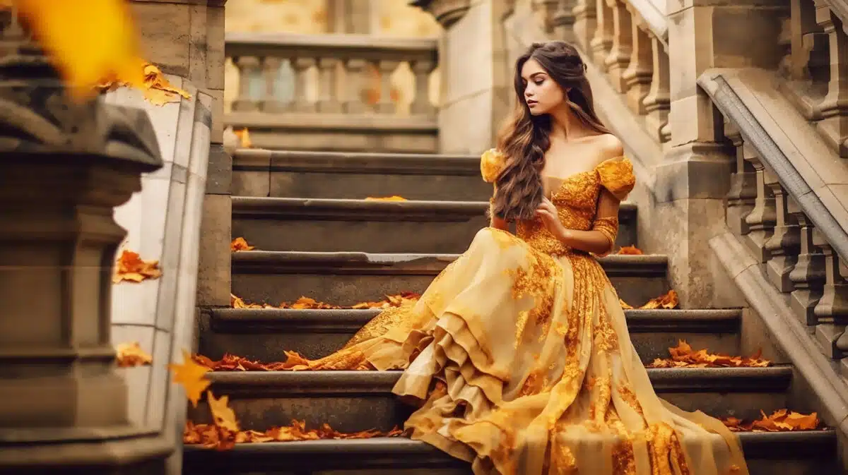 a brunette lady sitting alone on the stone steps of castle in a golden dress