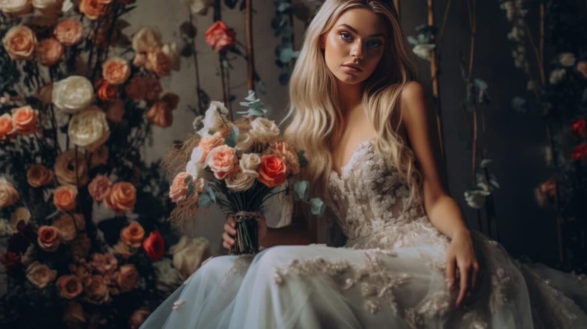Bride sitting with flowers. Illustration AI Generative