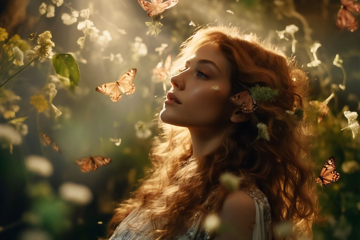 beautiful young woman with butterflies in the forest