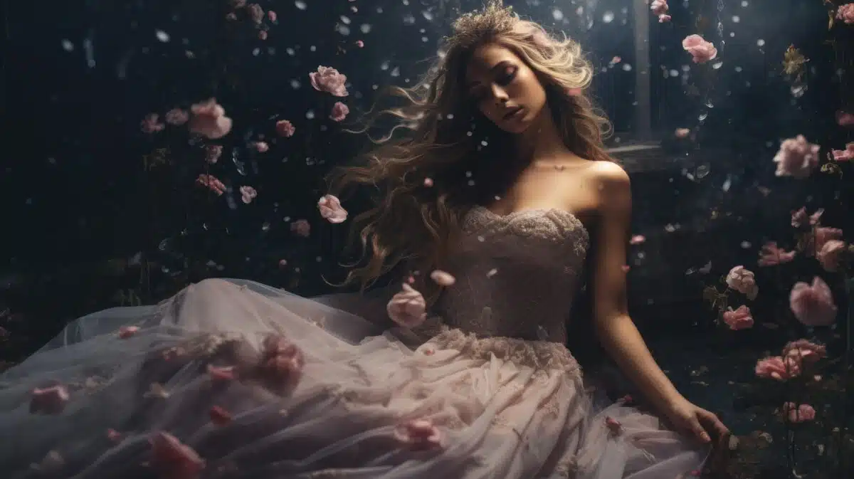 a stunning woman in a pink dress surrounded with floating pink roses