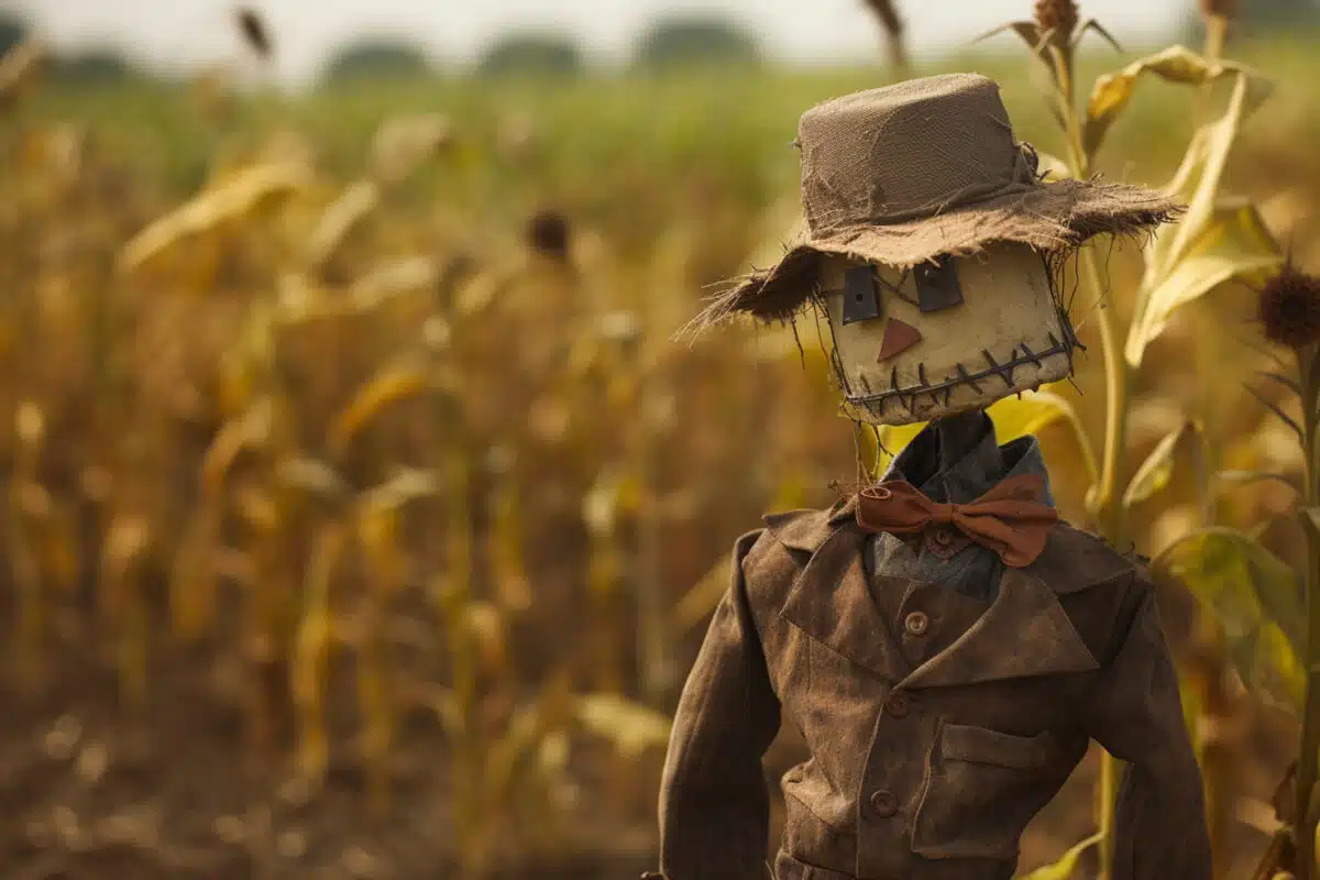 a skull-inspired scarecrow in a field