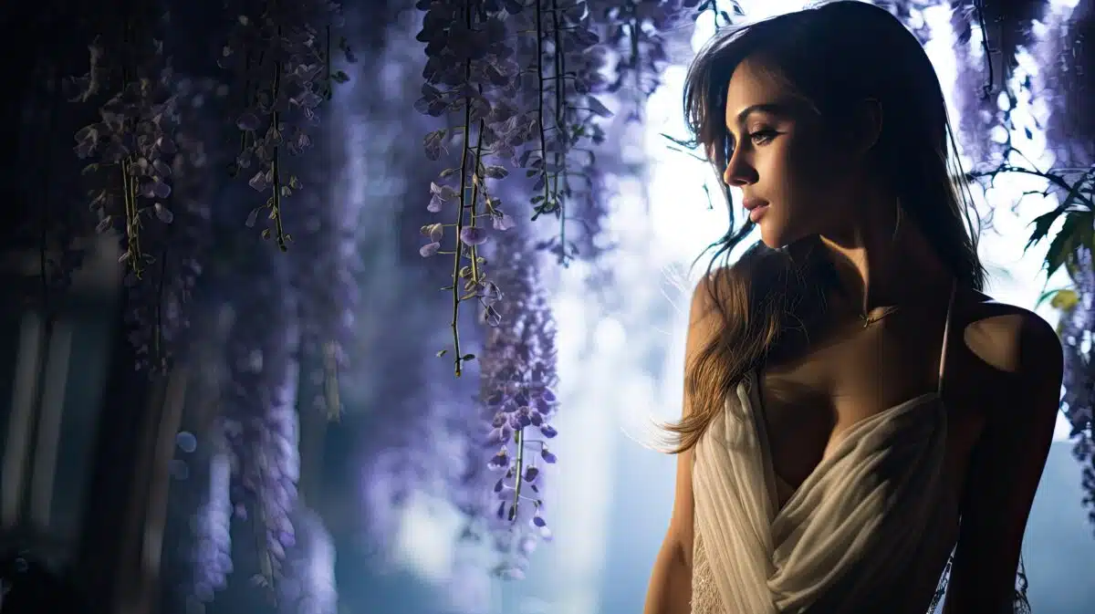 a stunning woman standing amidst a curtain of hanging wisteria, intertwining with her silhouette