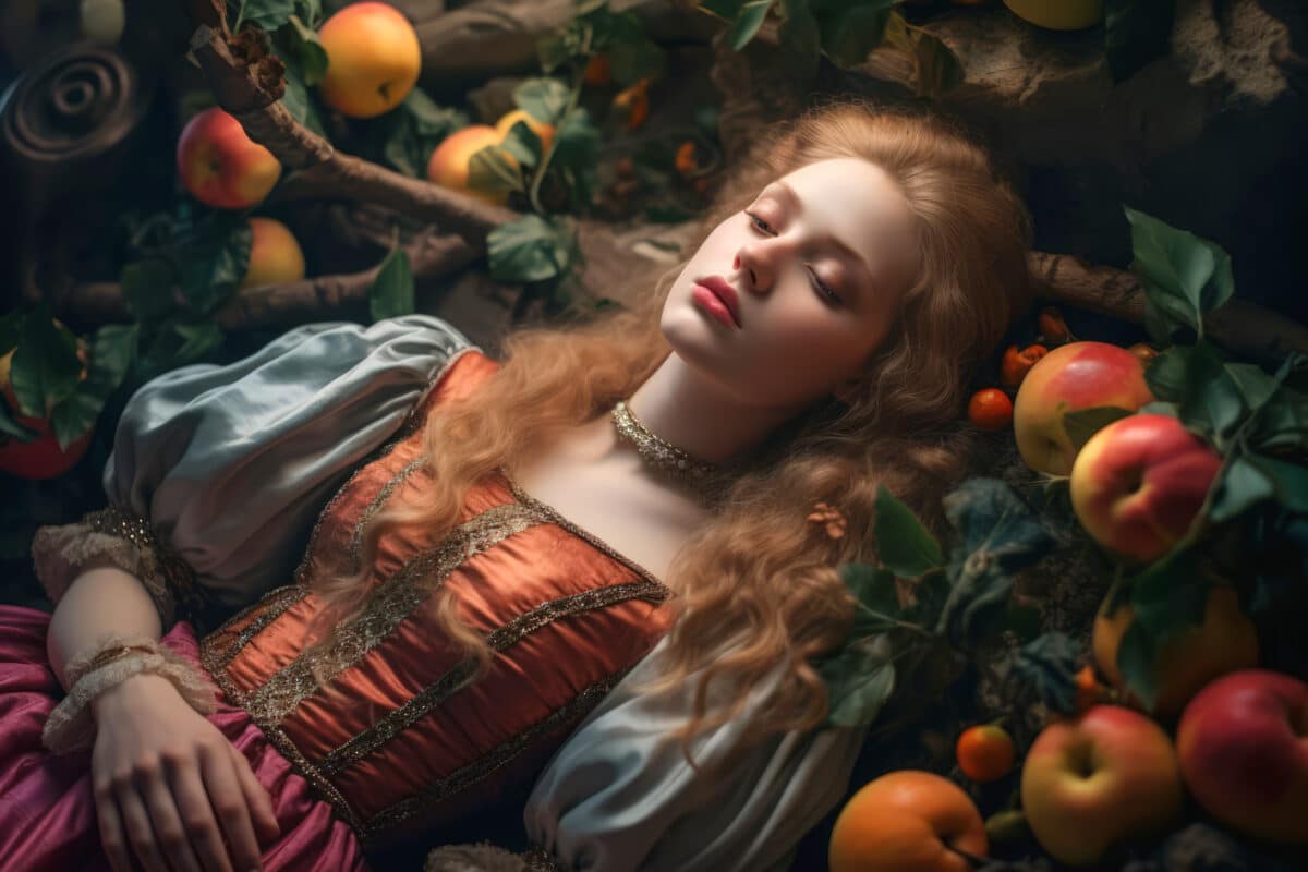 an attractive princess lying on the ground resting her head on an apple tree branch with ripe apples