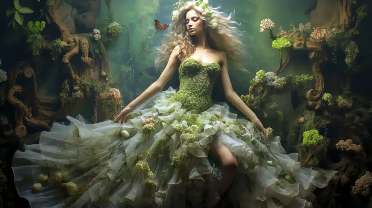 a fierce forest princess in a green gown surrounded by flora and fauna 