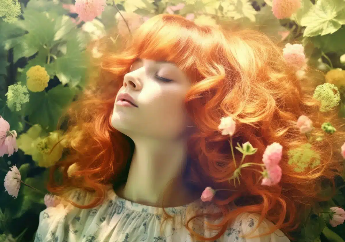 a stunning red haired lady with eyes closed in the garden