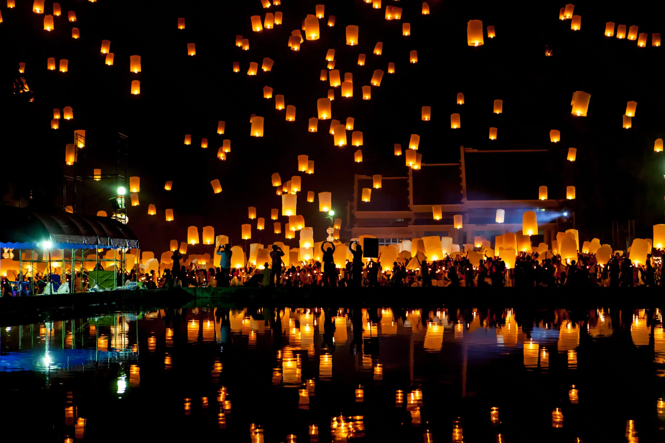 People release sky lanterns to pay homage to the triple Gem of Buddhism.