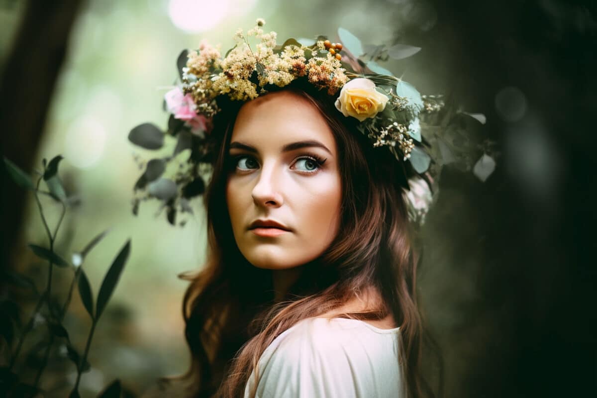 a beautiful woman with flowers on her head outdoor