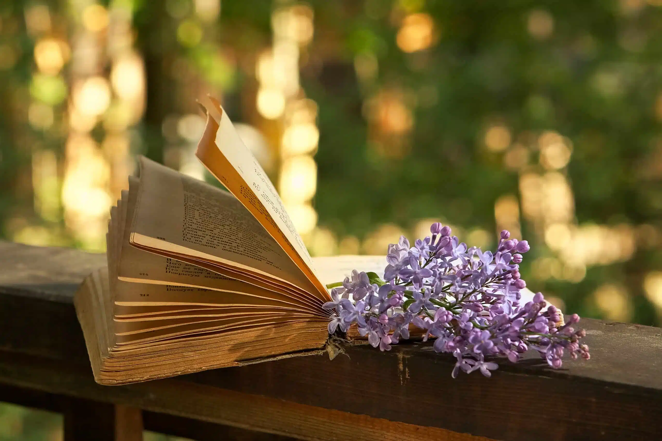 book of poetry and lilac flowers