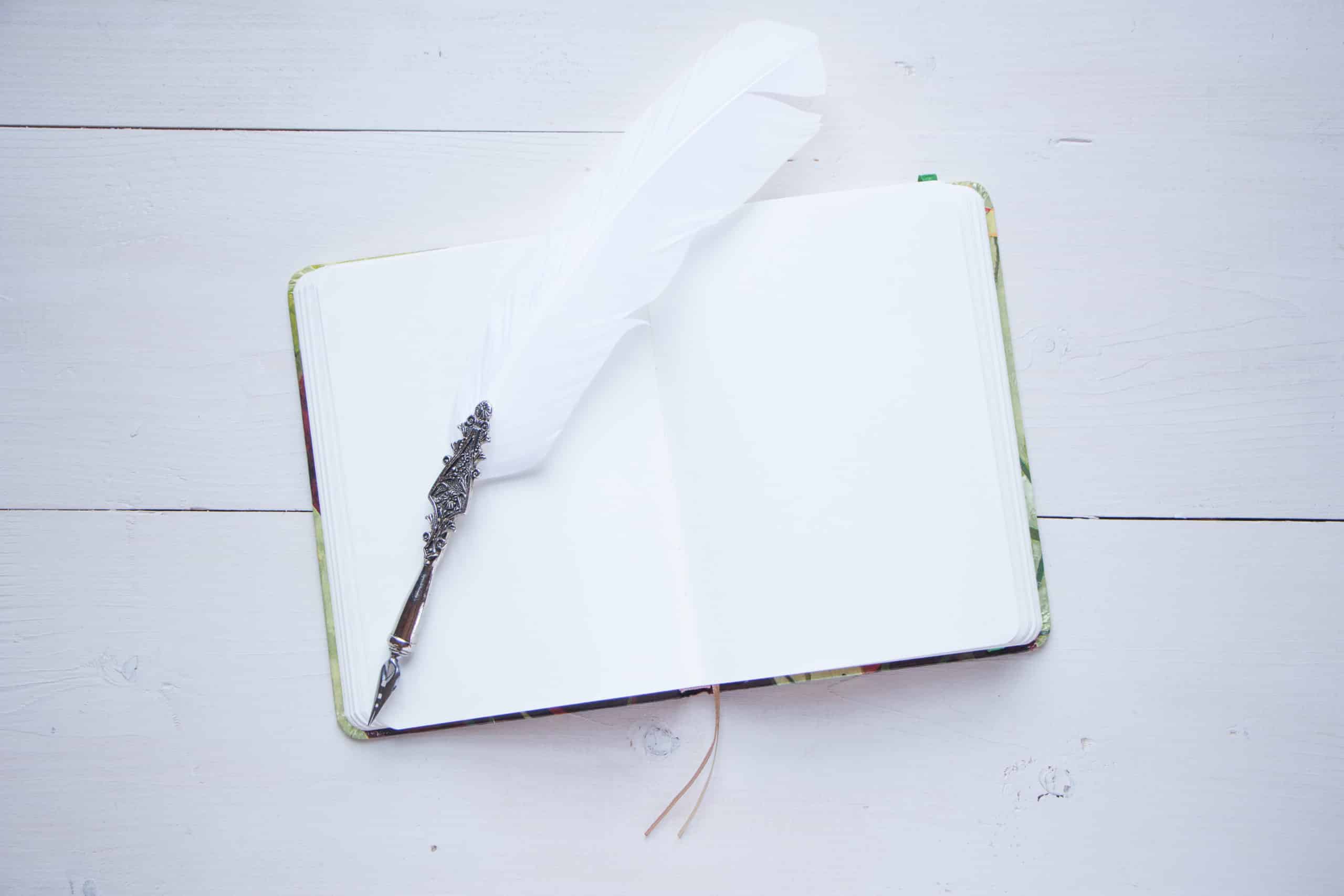 Blank notebook and white quill pen.