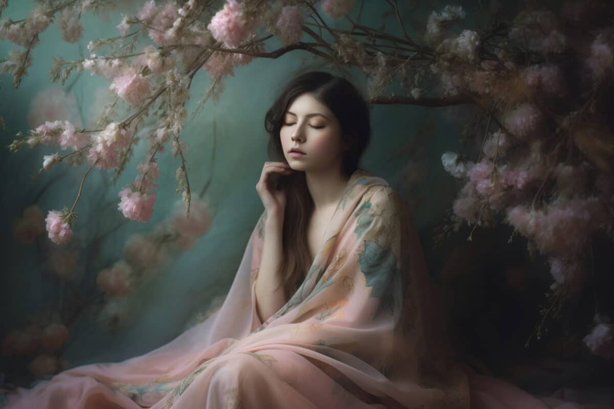 a woman in a dusty pink dress with ethereal cherry blossom flowers