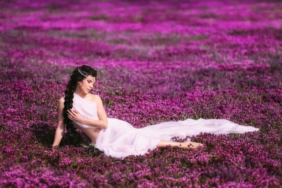 a stunning goddess-like beauty is resting in a field of pink flowers