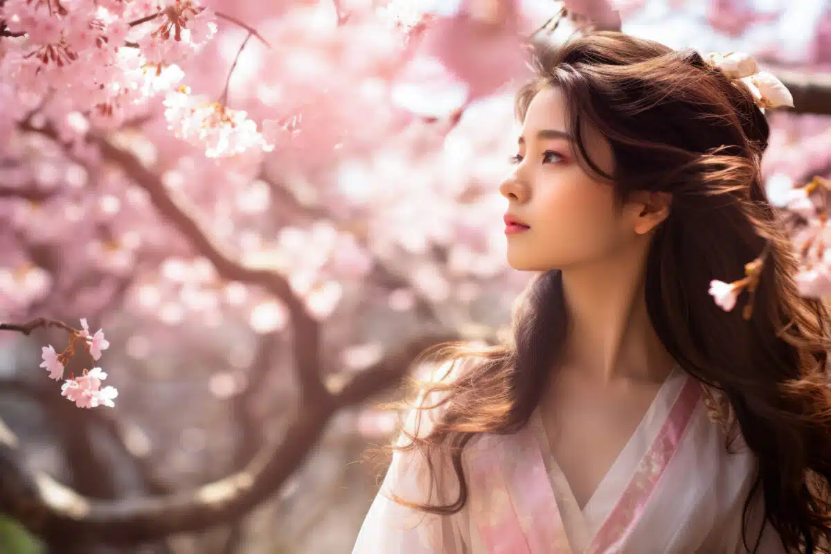 
a gentle young woman next to a sakura tree