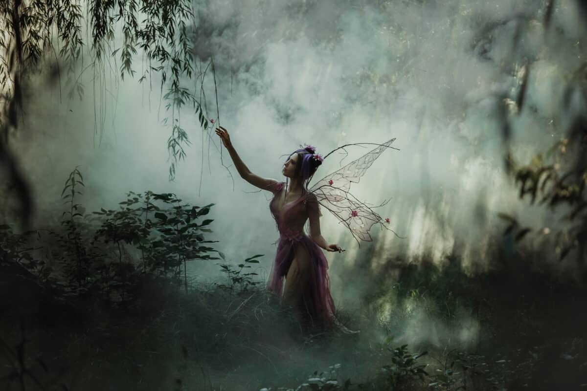 Fantastic photo shoot with smoke. Fairy Coquette walking in the fog. Background fairy forest, vines and trees. Unusual fabulous looks, purple dress and torn wings.