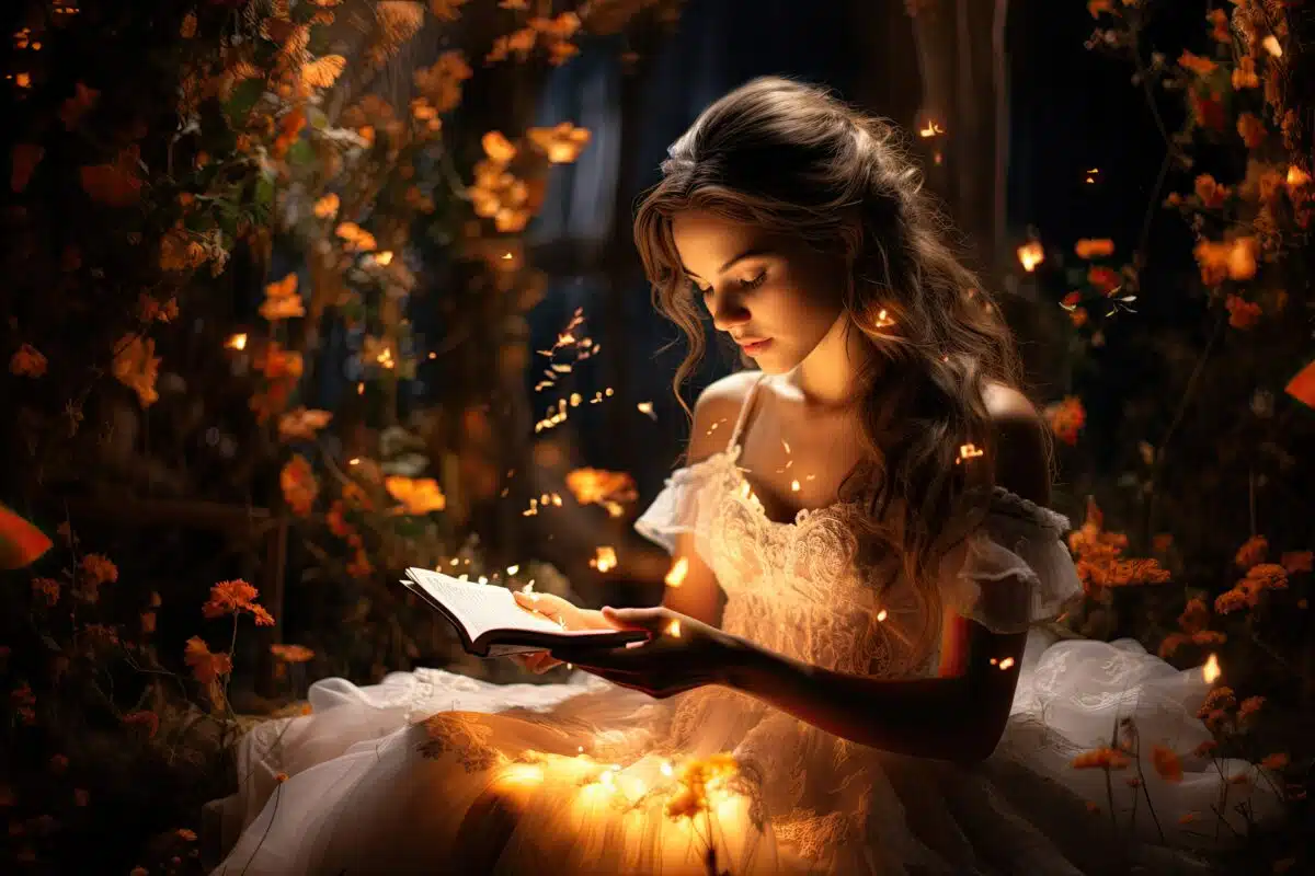 a woman in a white dress sitting in a magical forest reading a book