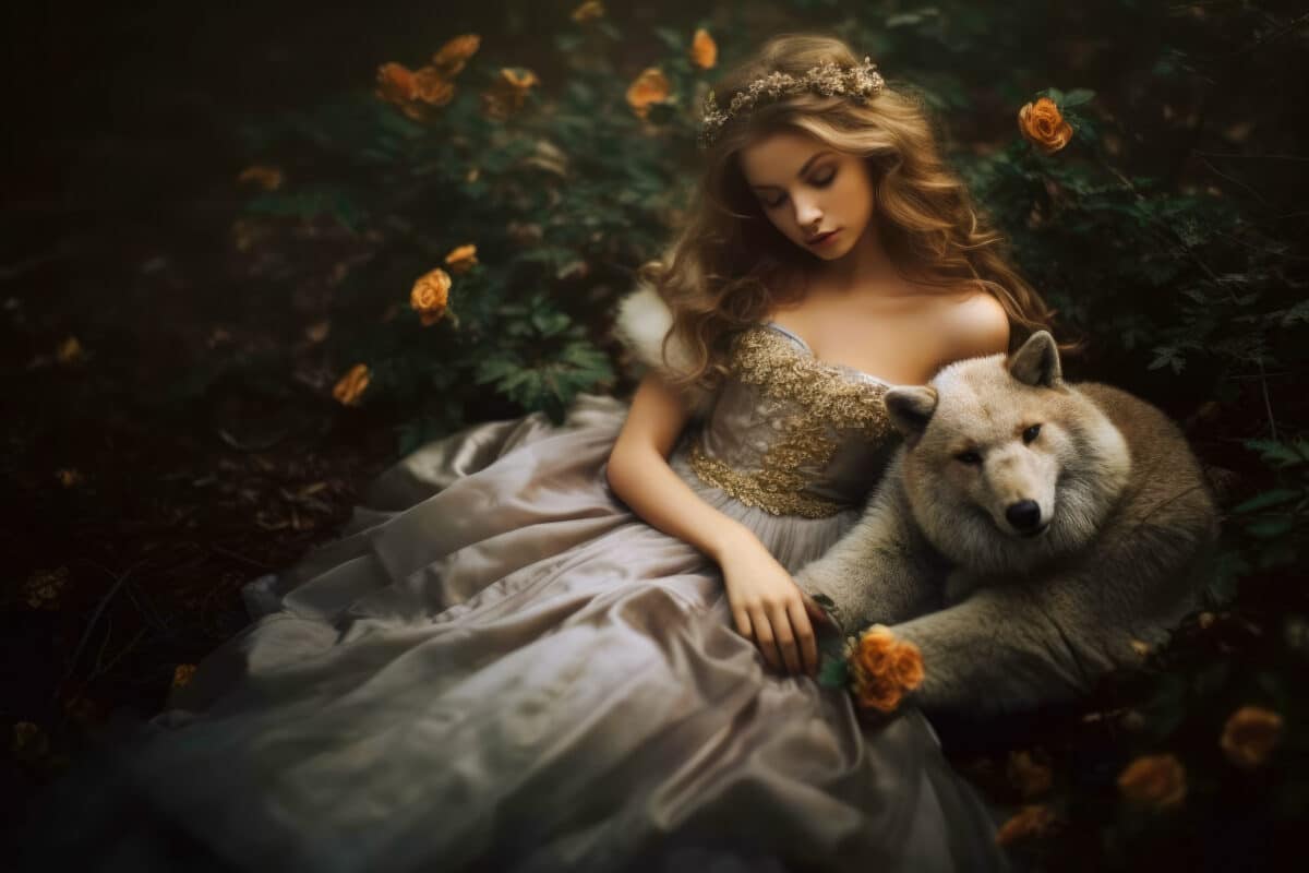 Portrait of an unknown female fairytale character with a long dress with a wolf. Dreamy and mysterious. Generative AI