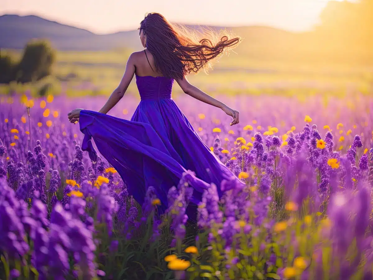 a violet dressed woman dancing on a field of flowers 