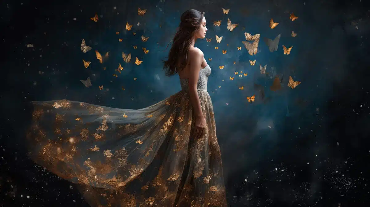 a beautiful woman walking surrounded with butterfly in the dark
