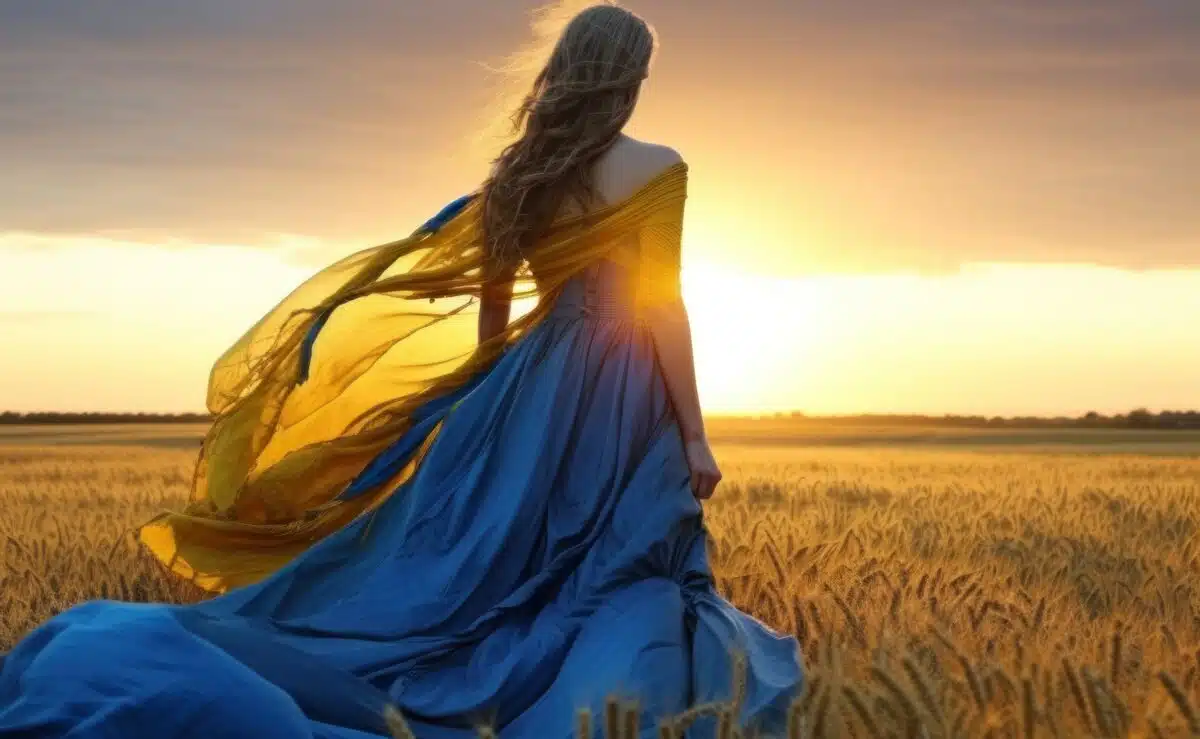 a woman with long hair wearing a blue fluttering dress standing in the field facing the sunrise