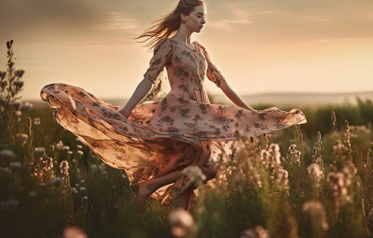 a young lady in a floral dress dancing in a field of flowers at sunset