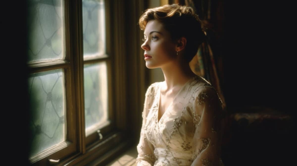 a lonely lady in a white dress looking out a window as if waiting for someone