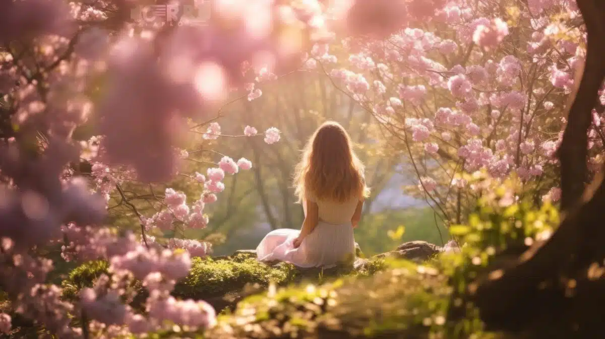 a content woman relaxing in a cool garden of pink blossoms
