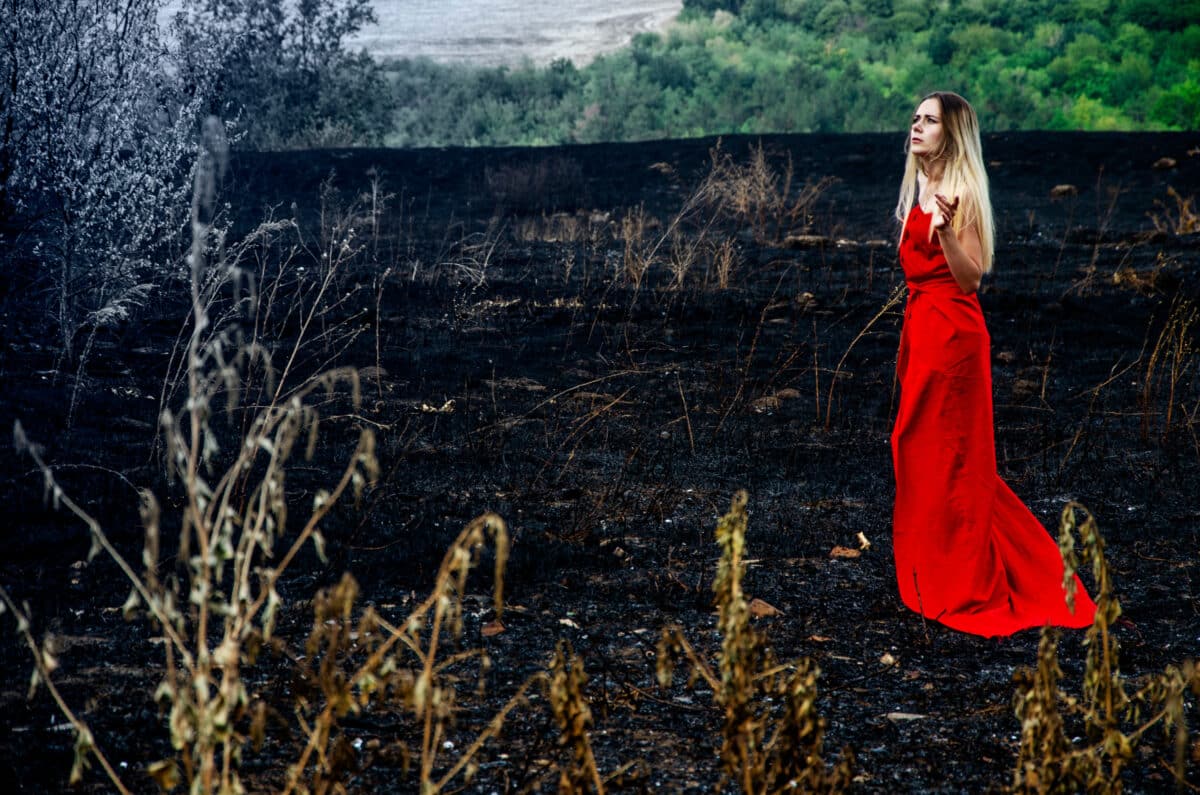 lady in a red dress standing in burnt forest