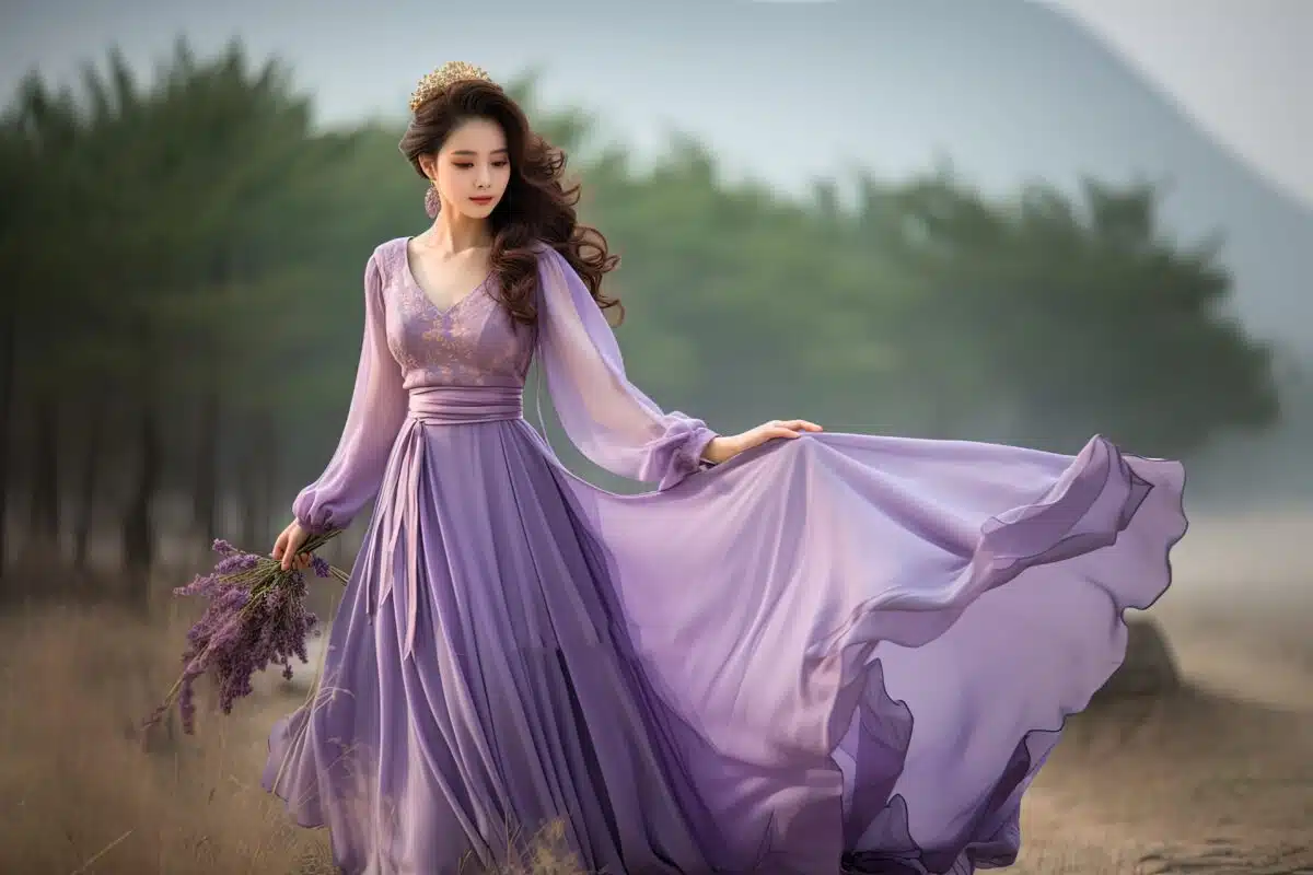 a pretty woman in a long purple dress walking in grass field