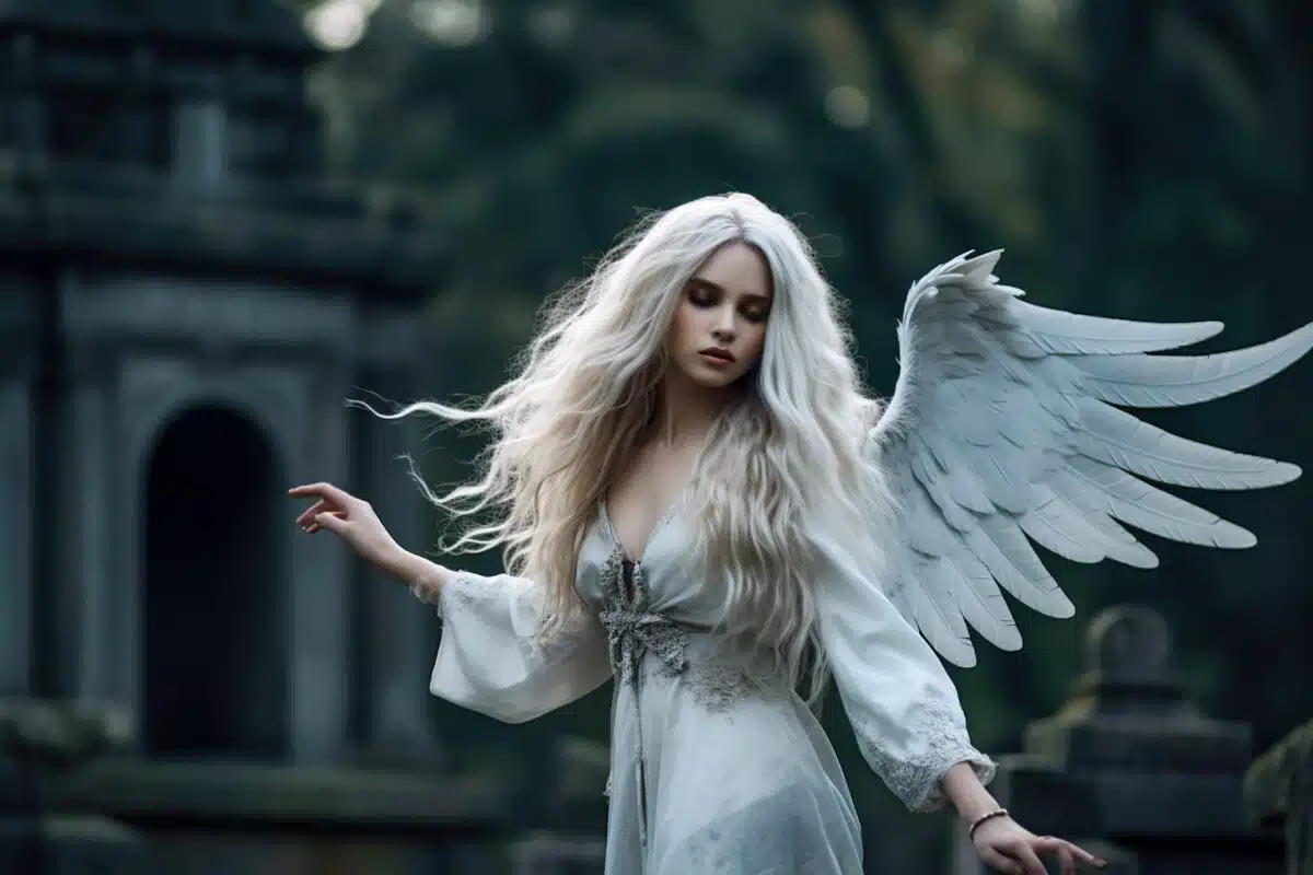 a beautiful platinum blonde fallen angel  