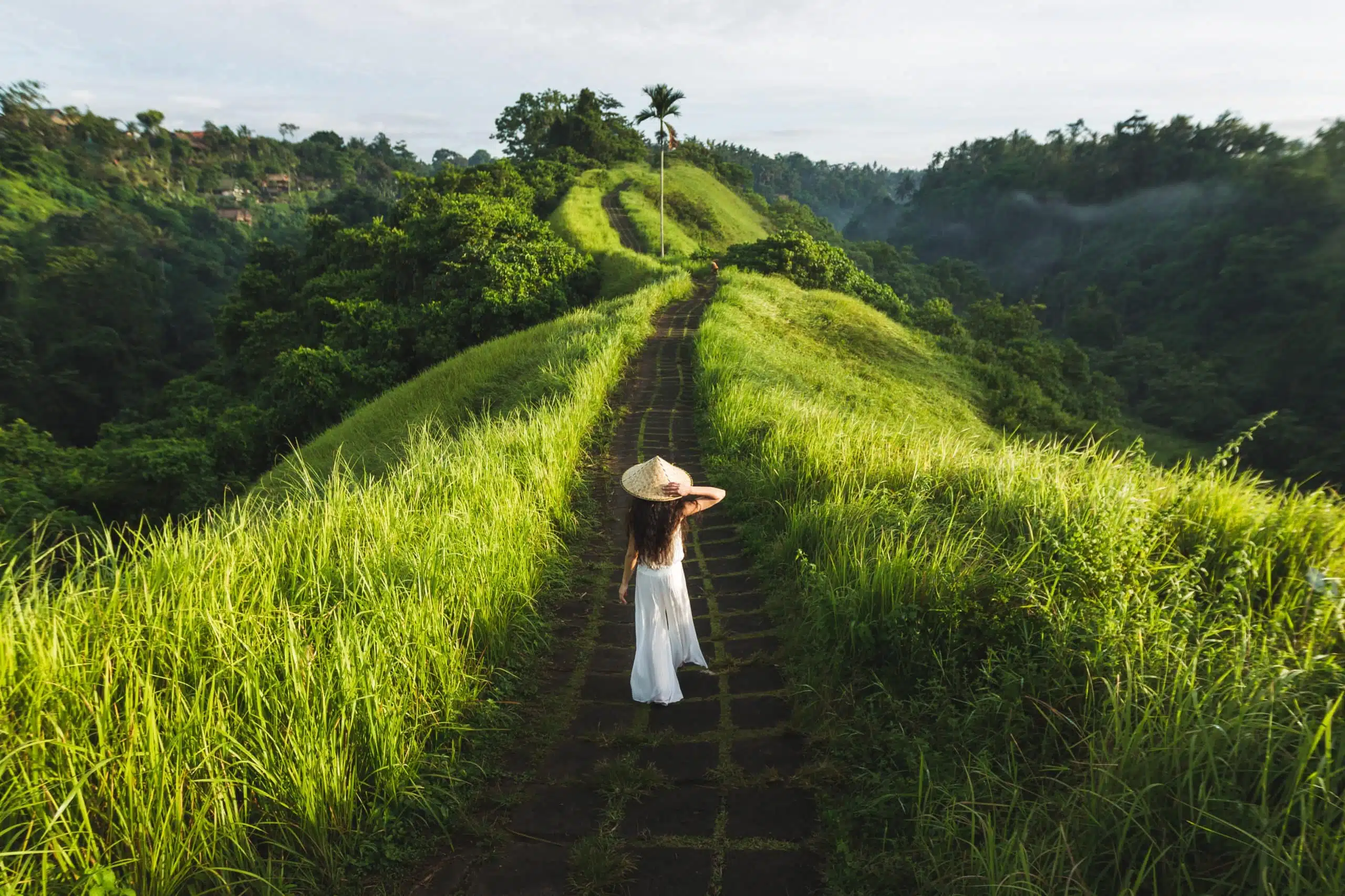 Young beautiful woman walking on the green Campuhan Ridge Walk, Ubud Indonesia