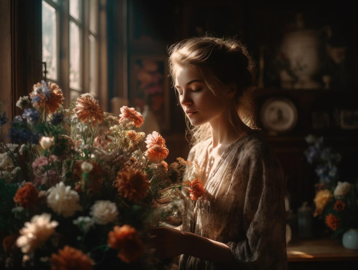 melancholic woman looking at a bouquet of flowers by the window indoors