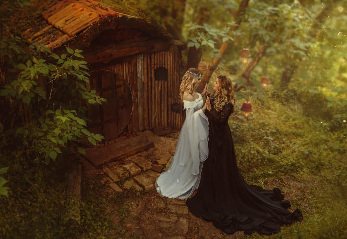 two fairies in a small hut with wood and moss