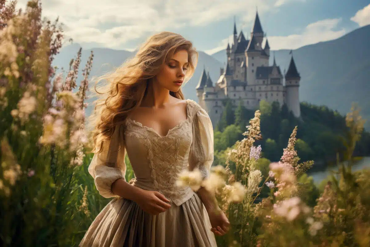 A daydreaming, fantasy princess with lush hair, adorned in a lovely dress, immersed in thoughts of her knight in shining armor, amidst a scenic backdrop of mountains, a castle, blooming flowers, and