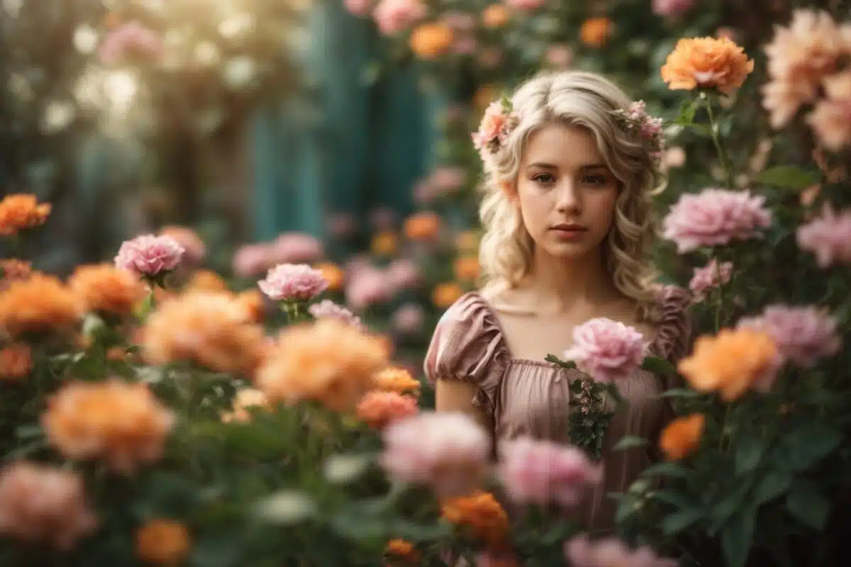 Rosy Elegance: Girl Amidst Blooms