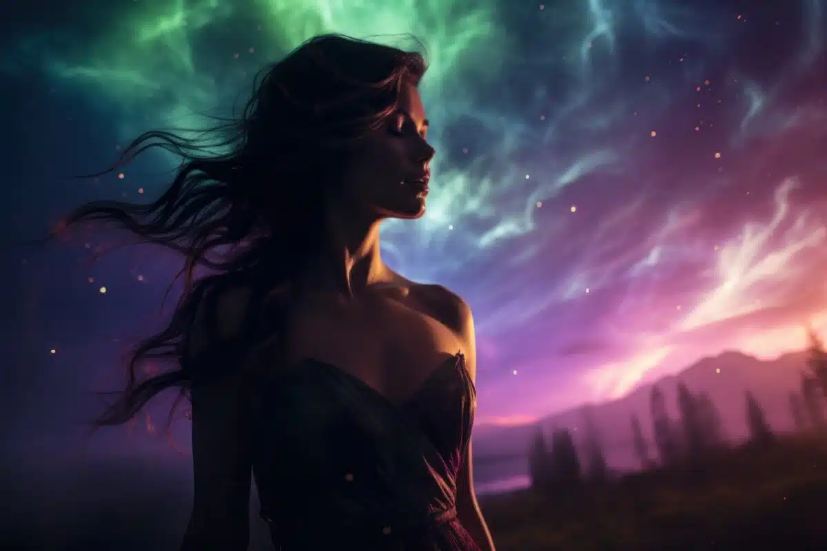 ethereal young woman and a beautiful view of the colorful night sky