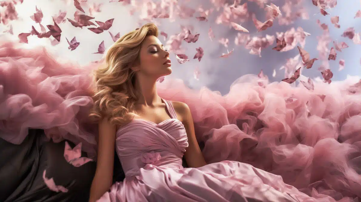 a reflective lady in a beautiful delicate pink dress, surrounded by flying leaves and pink butterflies