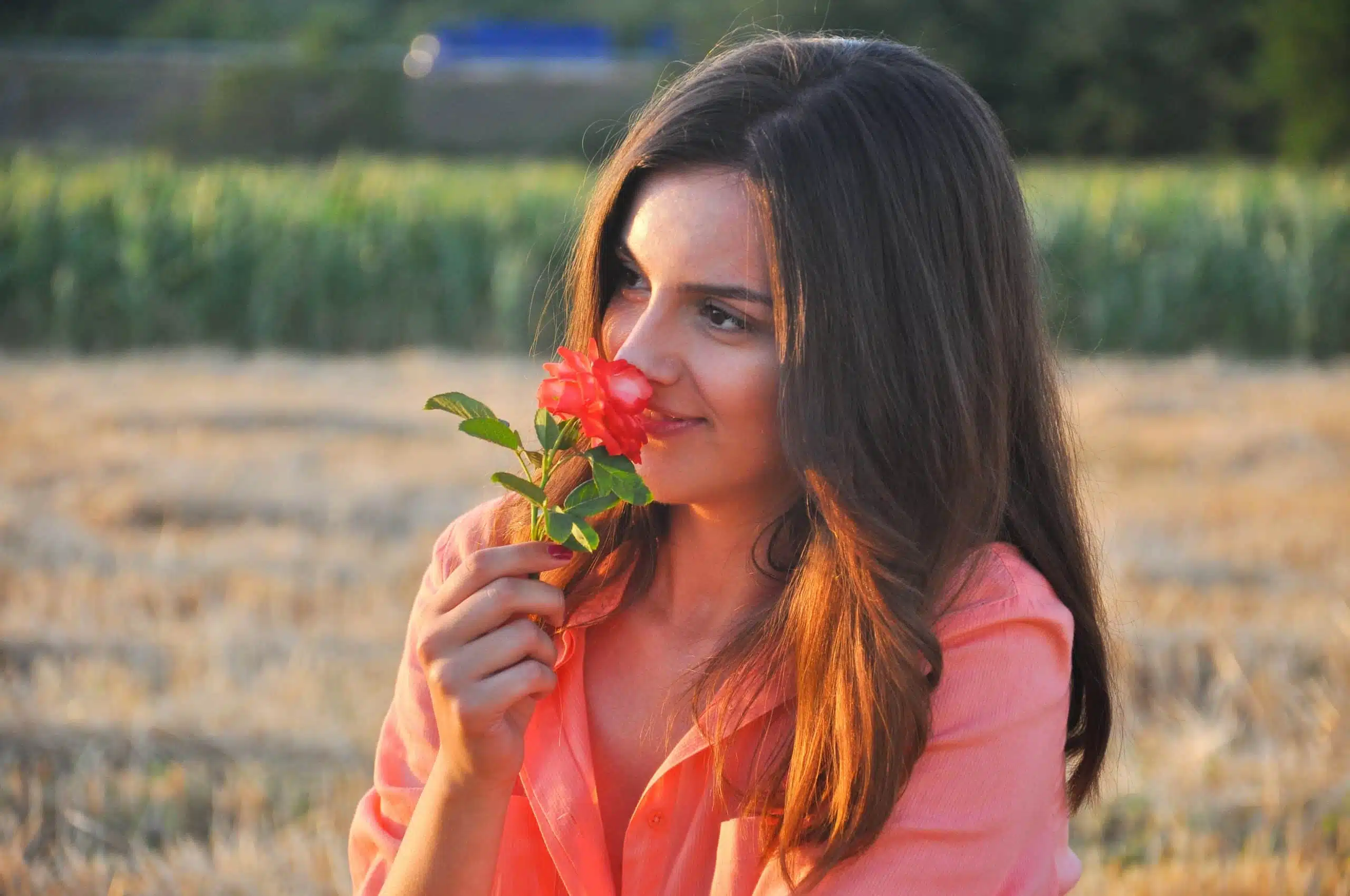 Beautiful girl smells rose. Portrait of young woman smell roses outdoor.