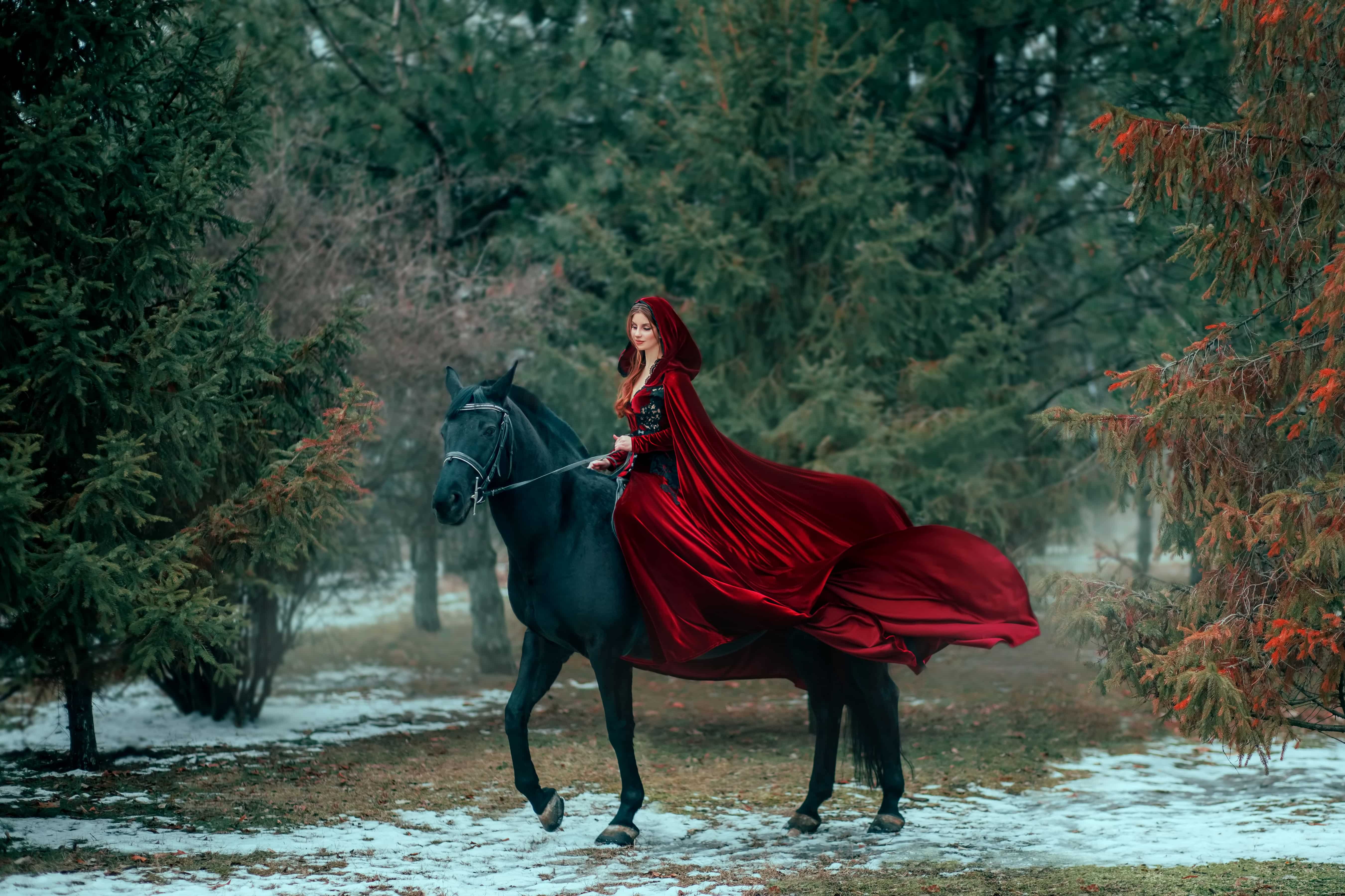 Medieval woman princess in red dress sits astride black steed horse. Girl rider in vintage cloak cape train flies in wind motion. Background green trees spruce forest spring winter nature melted snow