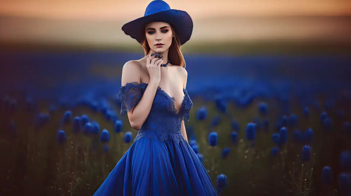 sad woman in a blue dress and with blue hat in the field with flowers