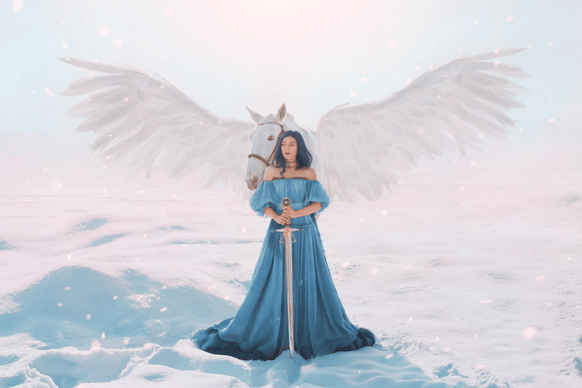 mysterious goddess of peace and justice from heaven near magical fairy white pegasus with strong wings