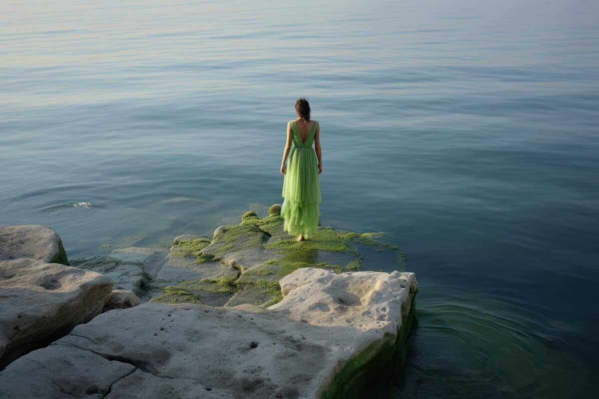 a melancholic woman wearing long flowing beautiful dress standing by the ocean