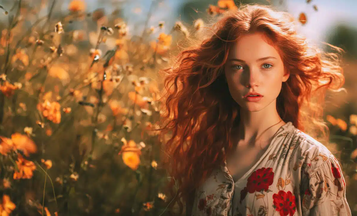 Beautiful young woman with long, red hair and freckles on her face standing in an outdoor setting, summer field, meadow, orange flowers, vintage style, looking into camera, close up shot, copy speace