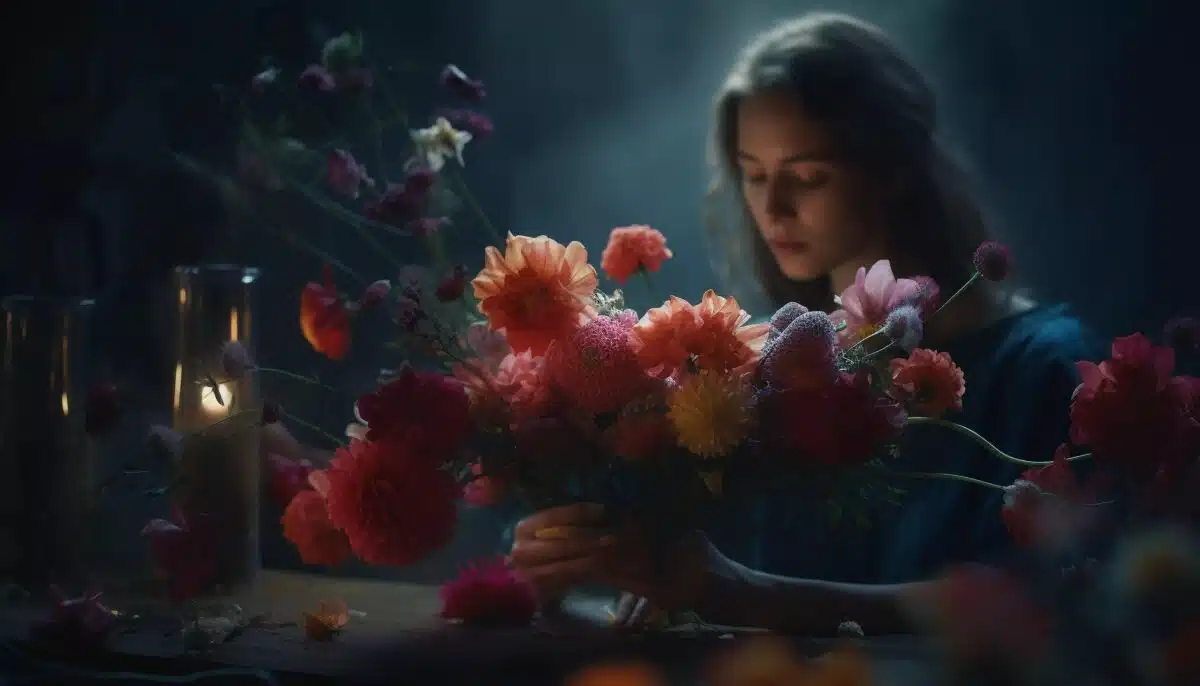 a sad-looking beautiful lady holding flowers in a dark room