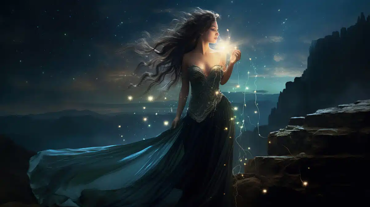 a celestial lady with long fluttering hair holding a bright object in her hand 