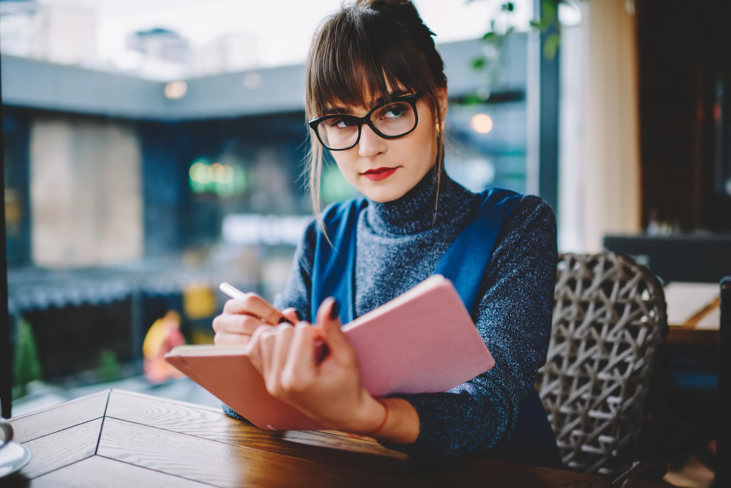 Thoughtful woman taking notes in notepad in cozy cafe.