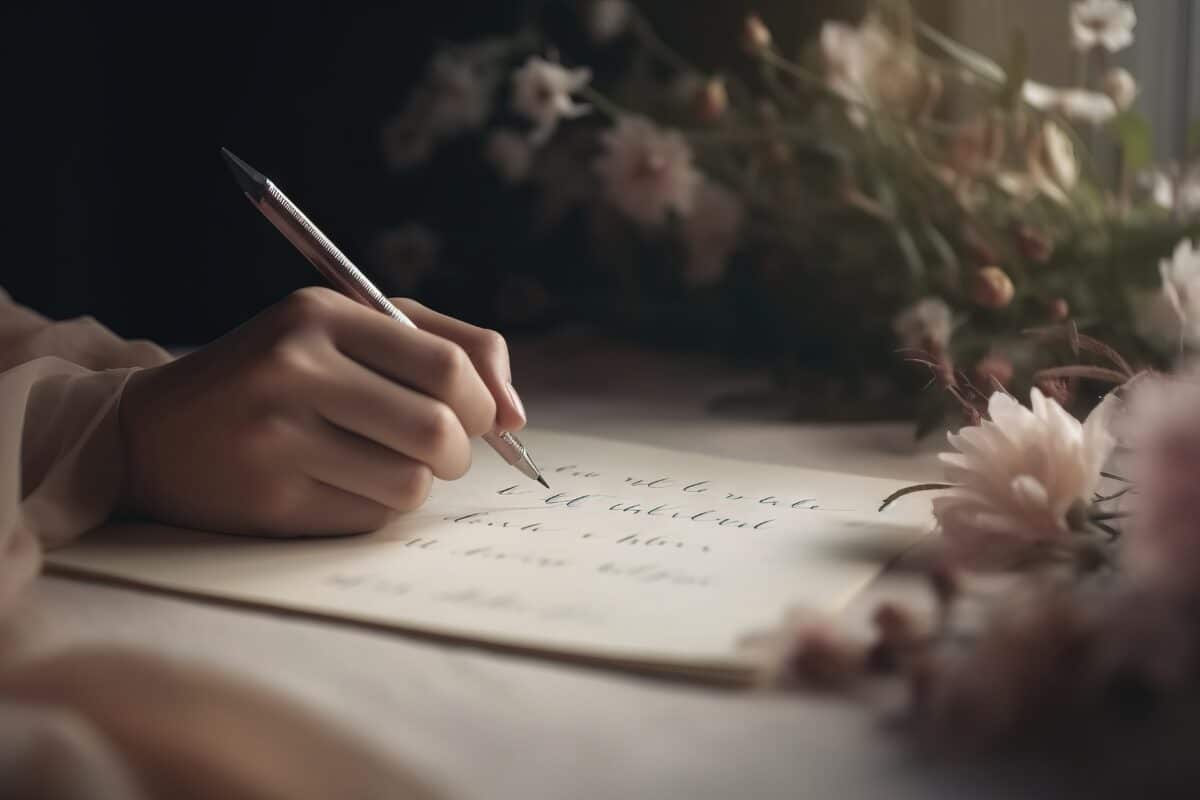 a person writing on a piece of paper with a pen in their hand and a bouquet of flowers in the background with a window in the background.  generative ai